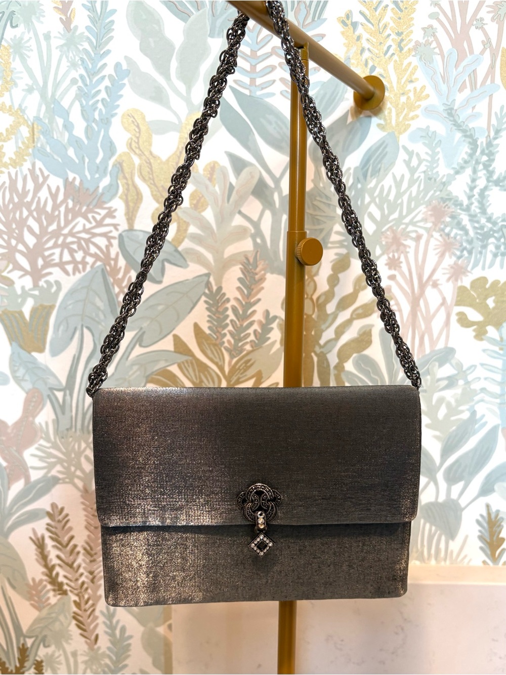 Metallic Gunmetal Silver Small Evening Bag with Jeweled Clasp and Chain handle